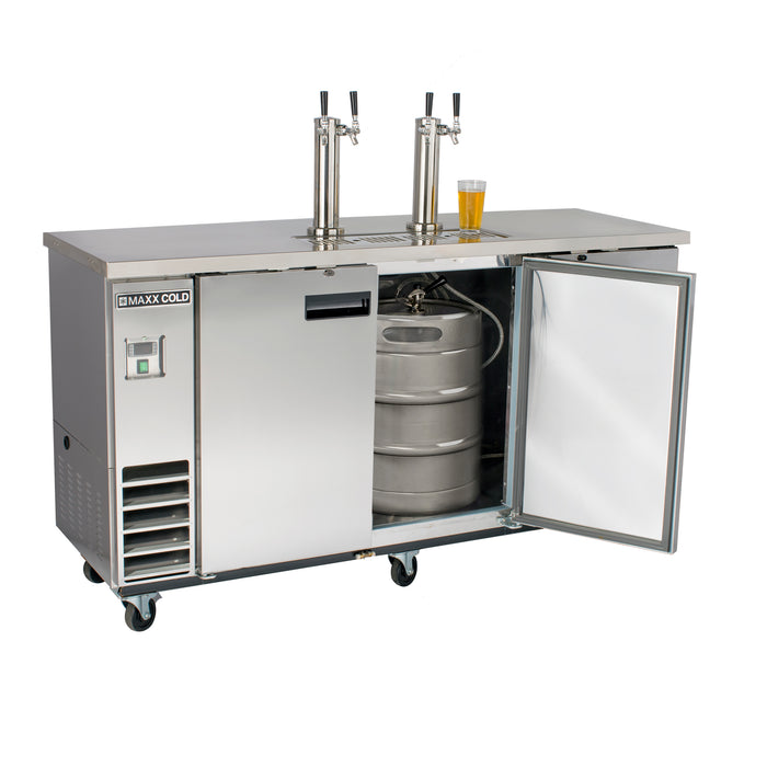 Maxx Cold X-Series Dual Tower, 2 Tap Beer Dispenser, 73"W, 17.3 cu. ft. (490 L), 3 Barrels/Kegs Storage Capacity, in Stainless Steel (MXBD72-2SHC)