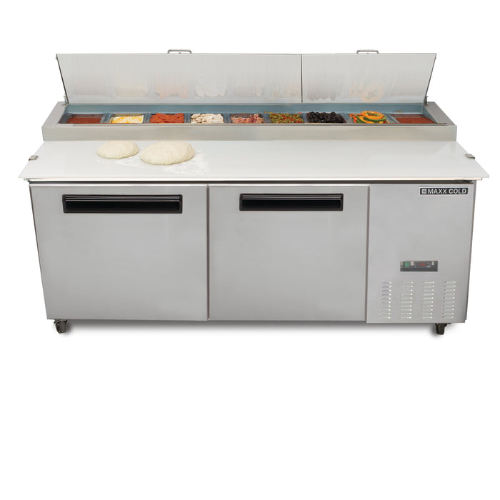 Maxx Cold X-Series Two-Door Refrigerated Pizza Prep Table, 70.8"W, 22 cu. ft. Storage Capacity, Equipped with (9) 4" Deep Pans and Cutting Board, in Stainless Steel (MXCPP70HC)