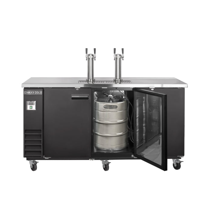 Maxx Cold X-Series Dual Tower, 2 Tap Beer Dispenser, 73"W, 17.3 cu. ft. (490 L), 3 Barrels/Kegs Storage Capacity, in Black with Stainless Steel Top (MXBD72-2BHC)