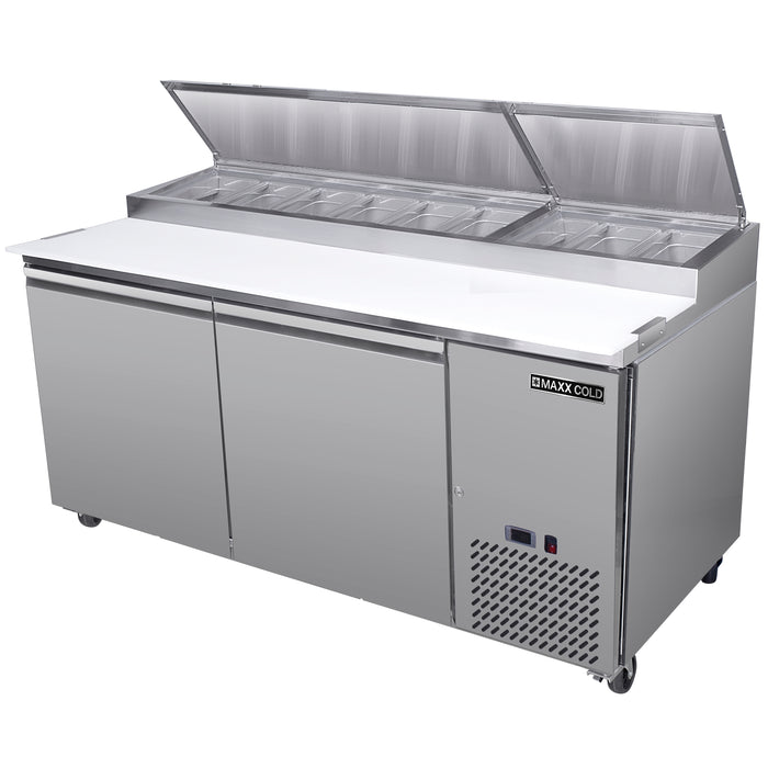 Maxx Cold Two-Door Refrigerated Pizza Prep Table, 71" W, 20.91 cu. ft. Storage Capacity, Equpped with (9) 4" Deep Pans and Cutting Board, in Stainless Steel (MXSPP70HC)