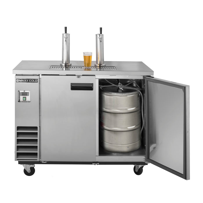 Maxx Cold X-Series Dual Tower, 2 Tap Beer Dispenser, 61"W, 14.2 cu. ft. (402 L), 2 Barrels/Kegs Storage Capacity, in Stainless Steel (MXBD60-2SHC)