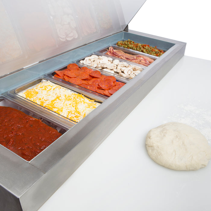 Maxx Cold X-Series One-Door Refrigerated Pizza Prep Table, 47.4"W, 12 cu. ft. Storage Capacity, Equipped with (6) 4" Deep Pans and Cutting Board, in Stainless Steel (MXCPP50HC)