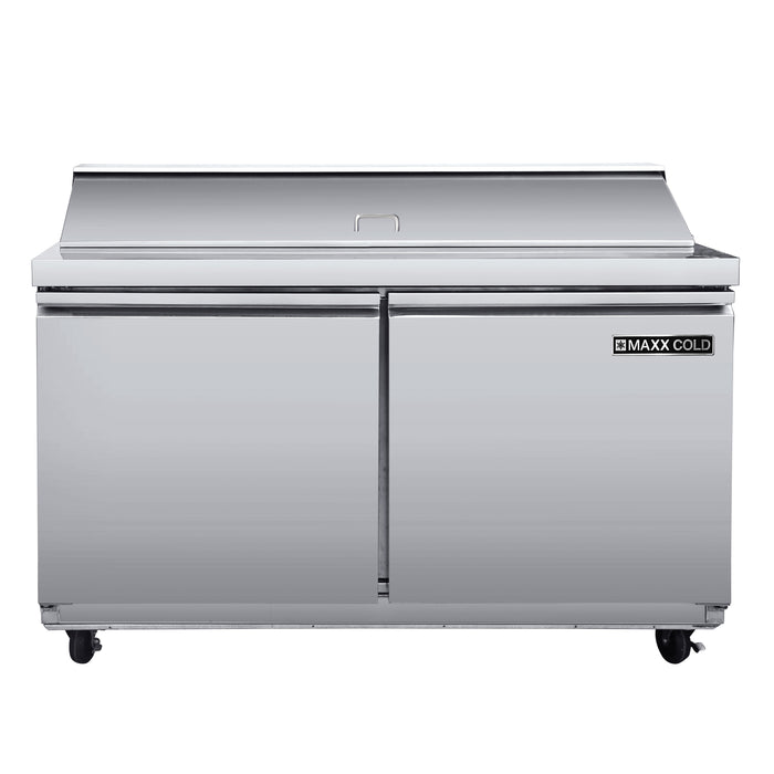 Maxx Cold Two-Door Refrigerated Sandwich and Salad Prep Station, 48.4"W, 13.77 cu. ft. Storage Capacity, Equipped with (6) 4" Deep Pans and Cutting Board, in Stainless-Steel (MXSR48SHC)