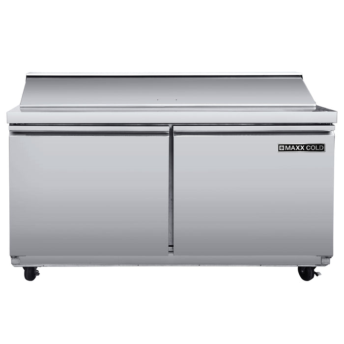 Maxx Cold Three-Door Refrigerated Sandwich and Salad Prep Station, 61.2"W, 17.83 cu. ft. Storage Capacity, Equipped with (8) 4" Deep Pans and Cutting Board, in Stainless-Steel (MXSR60SHC)