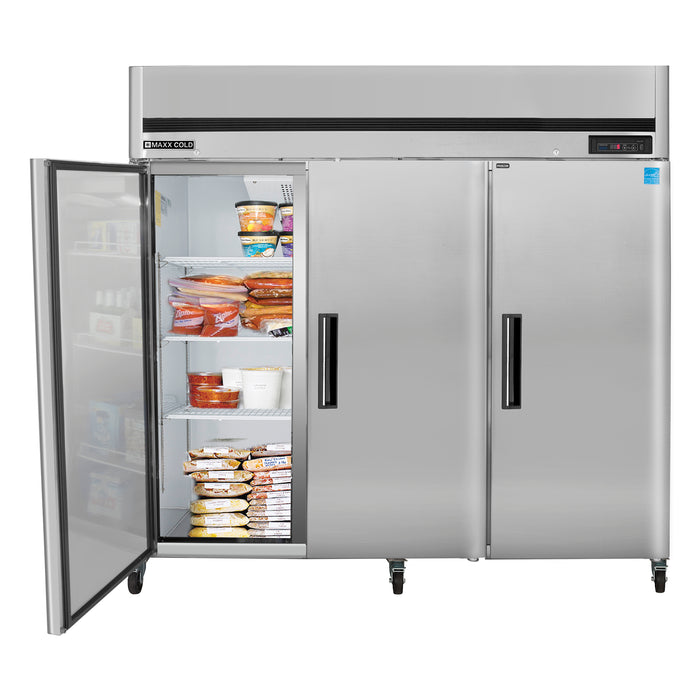 Maxx Cold Triple Door Reach-In Freezer, Top Mount, 81"W, 72 cu. ft. Storage Capacity, Energy Star Rated, in Stainless Steel (MCFT-72FDHC)