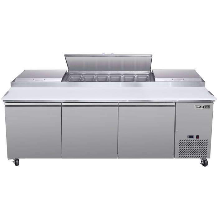 Maxx Cold Three-Door Refrigerated Pizza Prep Table, 92" W, 30.87 cu. ft. Storage Capacity, Equipped with (12) 4" Deep Pans and Cutting Board, in Stainless Steel (MXSPP92HC)