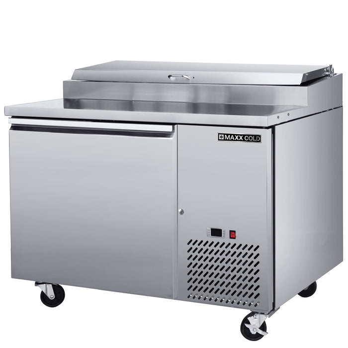 Maxx Cold One-Door Refrigerated Pizza Prep Table, 47"W, 10.95 cu. ft. Storage Capacity, Equipped with (6) 4" Deep Pans and Cutting Board, in Stainless Steel (MXSPP50HC)