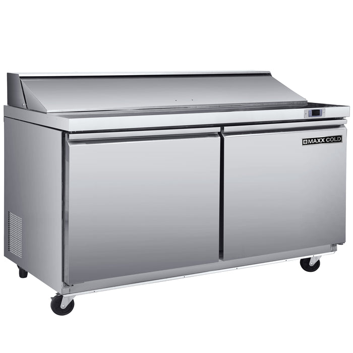 Maxx Cold Three-Door Refrigerated Sandwich and Salad Prep Station, 61.2"W, 17.83 cu. ft. Storage Capacity, Equipped with (8) 4" Deep Pans and Cutting Board, in Stainless-Steel (MXSR60SHC)