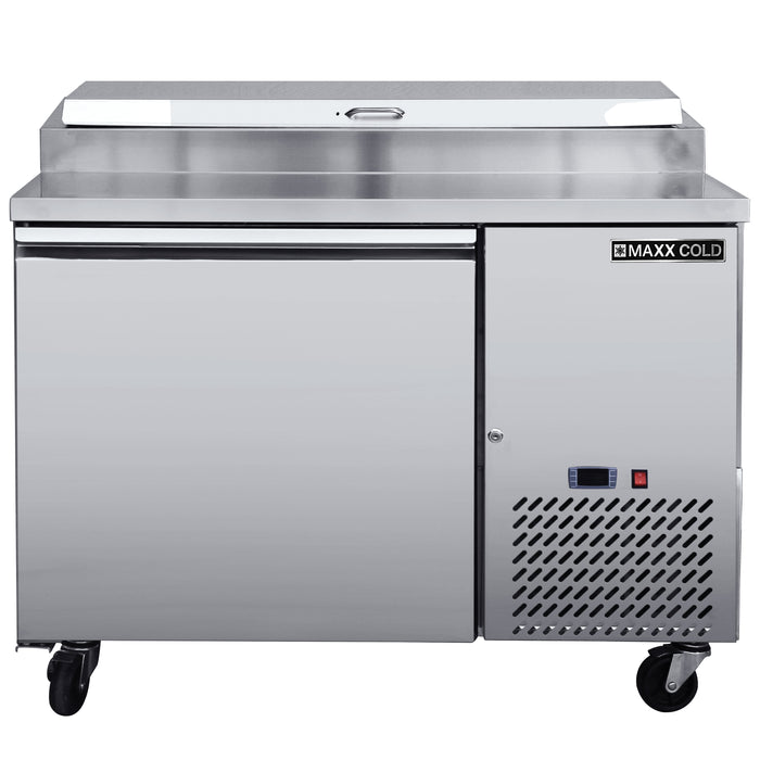 Maxx Cold One-Door Refrigerated Pizza Prep Table, 47"W, 10.95 cu. ft. Storage Capacity, Equipped with (6) 4" Deep Pans and Cutting Board, in Stainless Steel (MXSPP50HC)