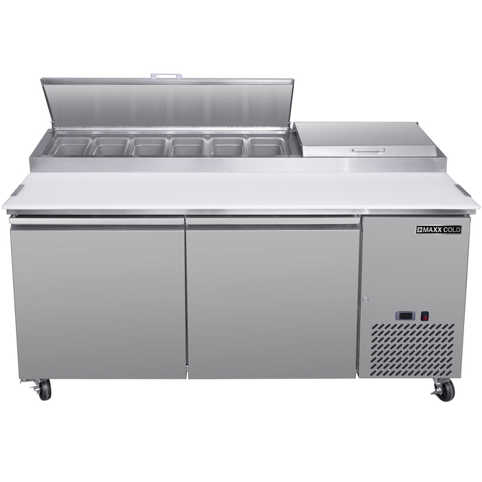 Maxx Cold Two-Door Refrigerated Pizza Prep Table, 71" W, 20.91 cu. ft. Storage Capacity, Equpped with (9) 4" Deep Pans and Cutting Board, in Stainless Steel (MXSPP70HC)