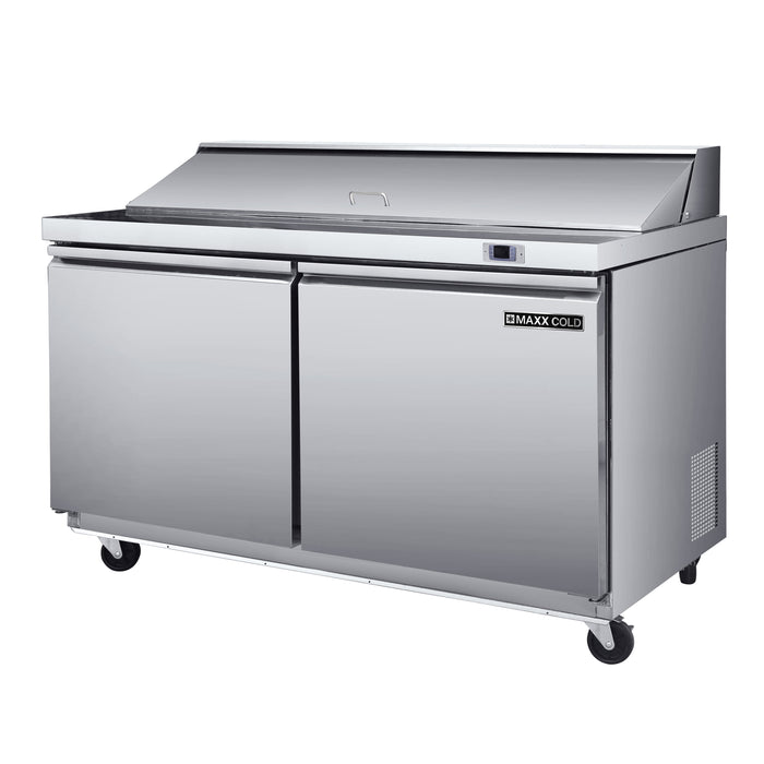 Maxx Cold Two-Door Refrigerated Sandwich and Salad Prep Station, 48.4"W, 13.77 cu. ft. Storage Capacity, Equipped with (6) 4" Deep Pans and Cutting Board, in Stainless-Steel (MXSR48SHC)