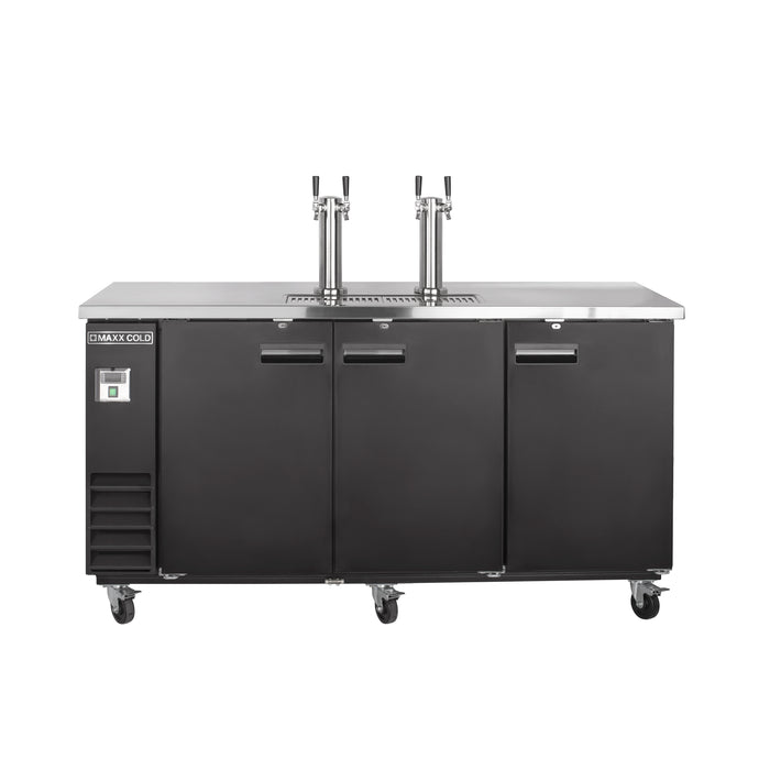 Maxx Cold X-Series Dual Tower, 2 Tap Beer Dispenser, 73"W, 17.3 cu. ft. (490 L), 3 Barrels/Kegs Storage Capacity, in Black with Stainless Steel Top (MXBD72-2BHC)