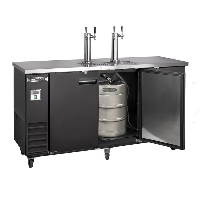 Maxx Cold X-Series Dual Tower, 2 Tap Beer Dispenser, 73"W, 17.3 cu. ft. (490 L), 3 Barrels/Kegs Storage Capacity, in Black with Stainless Steel Top (MXBD72-2BHC)