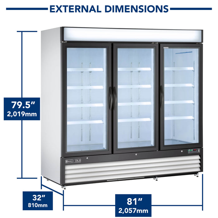 Maxx Cold X-Series Triple Glass Door Merchandiser Freezer, Free Standing, 81"W, 72 cu. ft. Storage Capacity, in White (MXM3-72FHC)