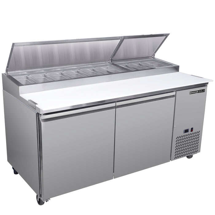 Maxx Cold Two-Door Refrigerated Pizza Prep Table, 71" W, 20.91 cu. ft. Storage Capacity, Equpped with (9) 4" Deep Pans and Cutting Board, in Stainless Steel (MXSPP70HC)