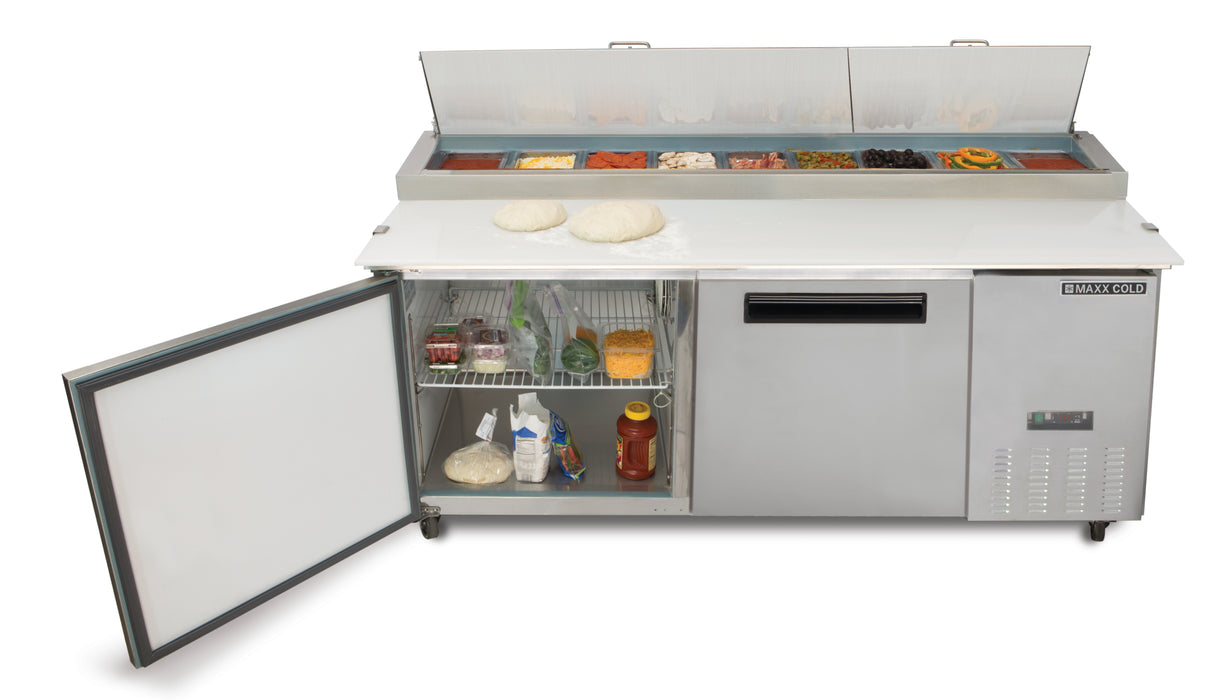 Maxx Cold X-Series Two-Door Refrigerated Pizza Prep Table, 70.8"W, 22 cu. ft. Storage Capacity, Equipped with (9) 4" Deep Pans and Cutting Board, in Stainless Steel (MXCPP70HC)