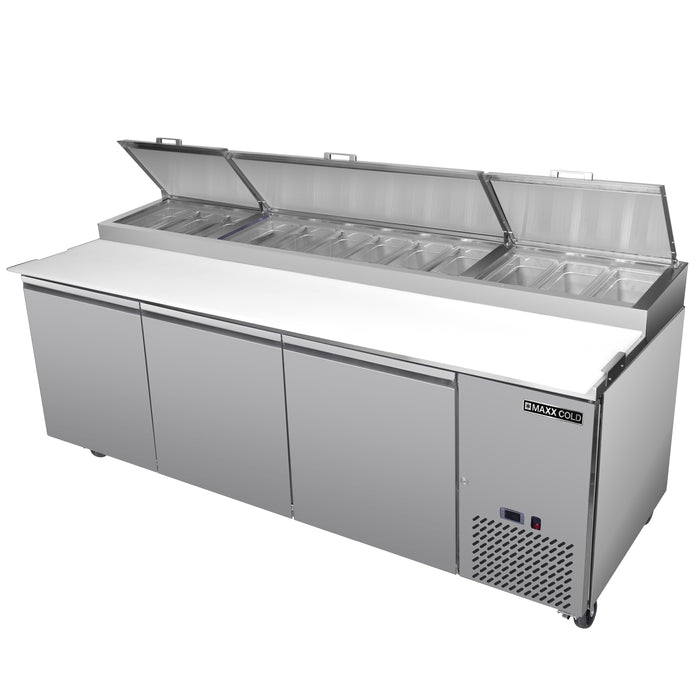 Maxx Cold Three-Door Refrigerated Pizza Prep Table, 92" W, 30.87 cu. ft. Storage Capacity, Equipped with (12) 4" Deep Pans and Cutting Board, in Stainless Steel (MXSPP92HC)