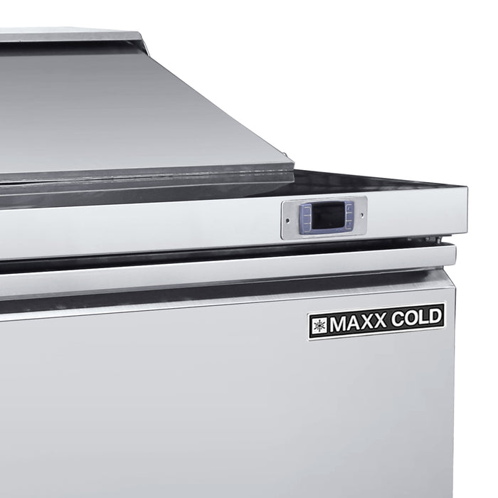 Maxx Cold Three-Door Refrigerated Sandwich and Salad Prep Station, 61.2"W, 17.83 cu. ft. Storage Capacity, Equipped with (8) 4" Deep Pans and Cutting Board, in Stainless-Steel (MXSR60SHC)