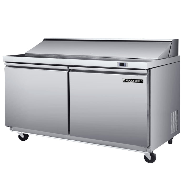 Maxx Cold Three-Door Refrigerated Sandwich and Salad Prep Station, 61.2"W, 17.83 cu. ft. Storage Capacity, Equipped with (8) 4" Deep Pans and Cutting Board, in Stainless-Steel (MXSR60SHC)