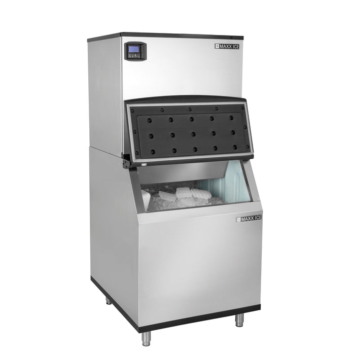 Maxx Ice Intelligent Series Modular Ice Machine, 30"W, 373 lbs, Full Dice Ice Cubes, and Storage Bin, 30"W, 470 lbs, in Stainless Steel (MIM370N-B470)