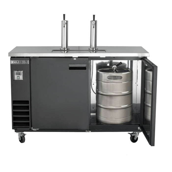 Maxx Cold X-Series Dual Tower, 2 Tap Beer Dispenser, 61"W, 14.2 cu. ft. (402 L), 2 Barrels/Kegs Storage Capacity, in Black with Stainless Steel Top (MXBD60-2BHC)