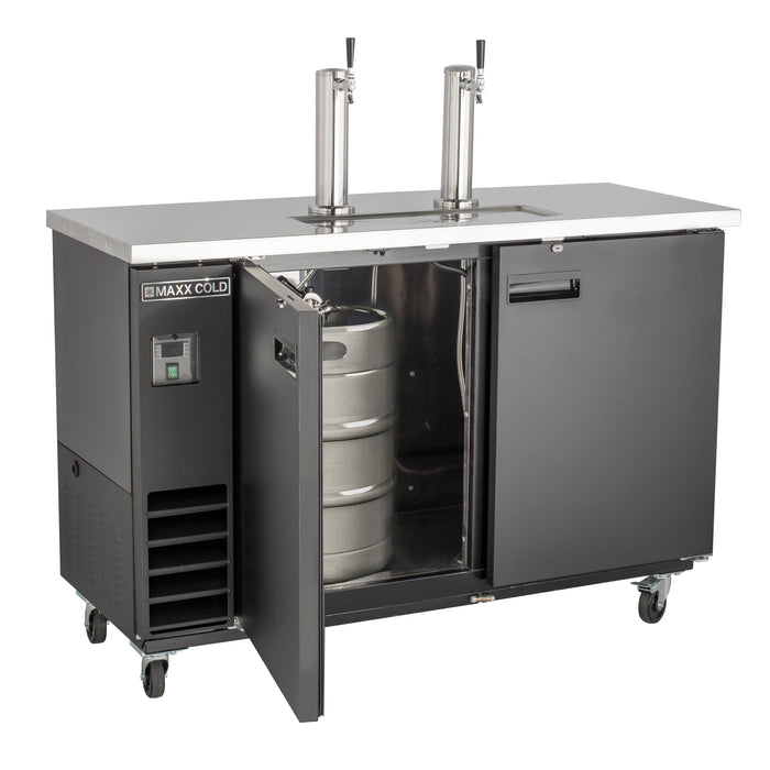 Maxx Cold X-Series Dual Tower, 2 Tap Beer Dispenser, 61"W, 14.2 cu. ft. (402 L), 2 Barrels/Kegs Storage Capacity, in Black with Stainless Steel Top (MXBD60-2BHC)