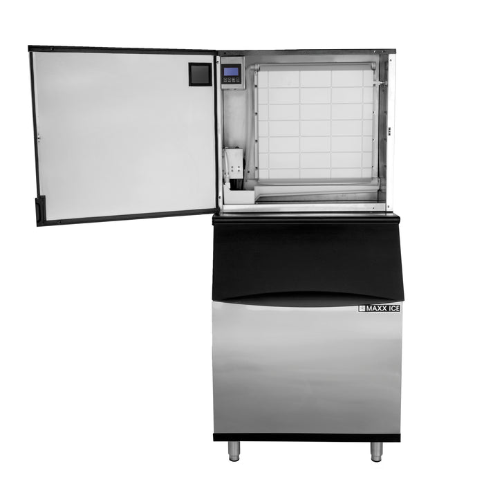 Maxx Ice Intelligent Series Modular Ice Machine, 30"W, 373 lbs, Full Dice Ice Cubes, and Storage Bin, 30"W, 470 lbs, in Stainless Steel (MIM370N-B470)